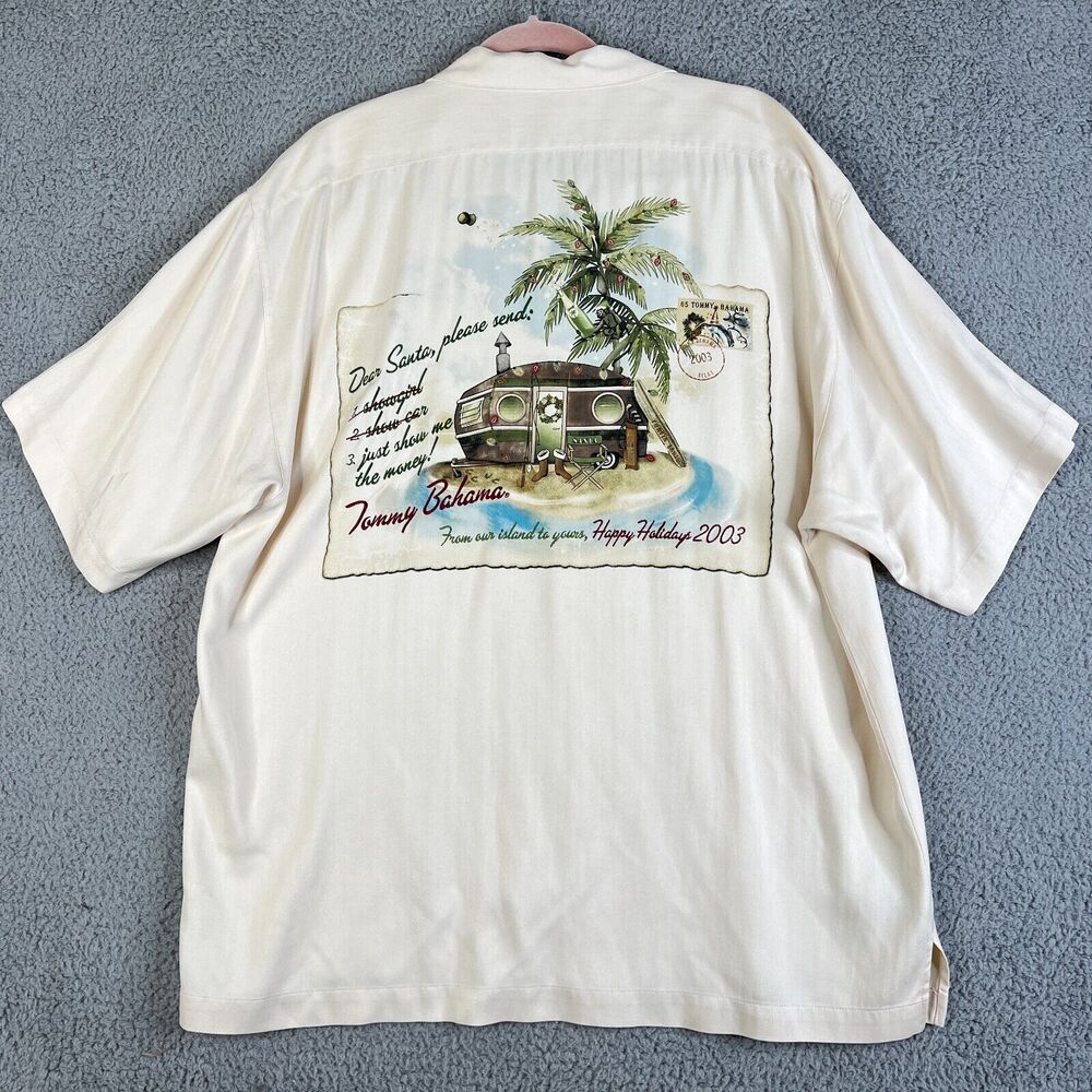 TOMMY BAHAMA  Dear Santa Shirt Mens L Silk Camp Christmas Postcard Camper Aloha
